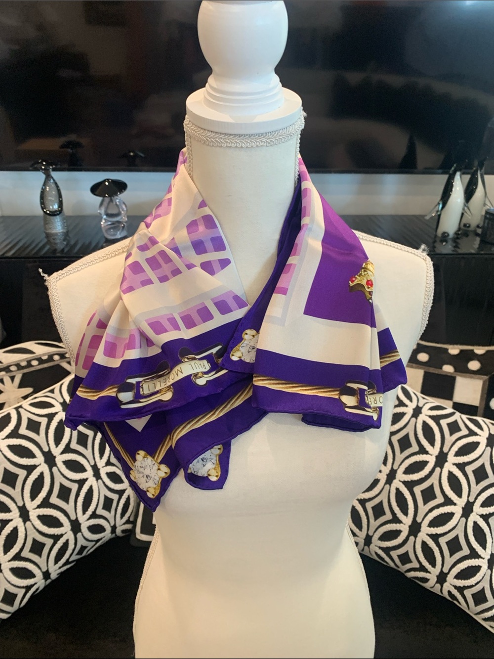 Paul Morelli Purple and Cream Graphic Silk-Feel Scarf new in box